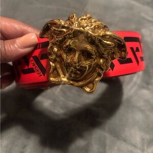 Versace Vibrant Red Belt with Gold Medusa Emblem